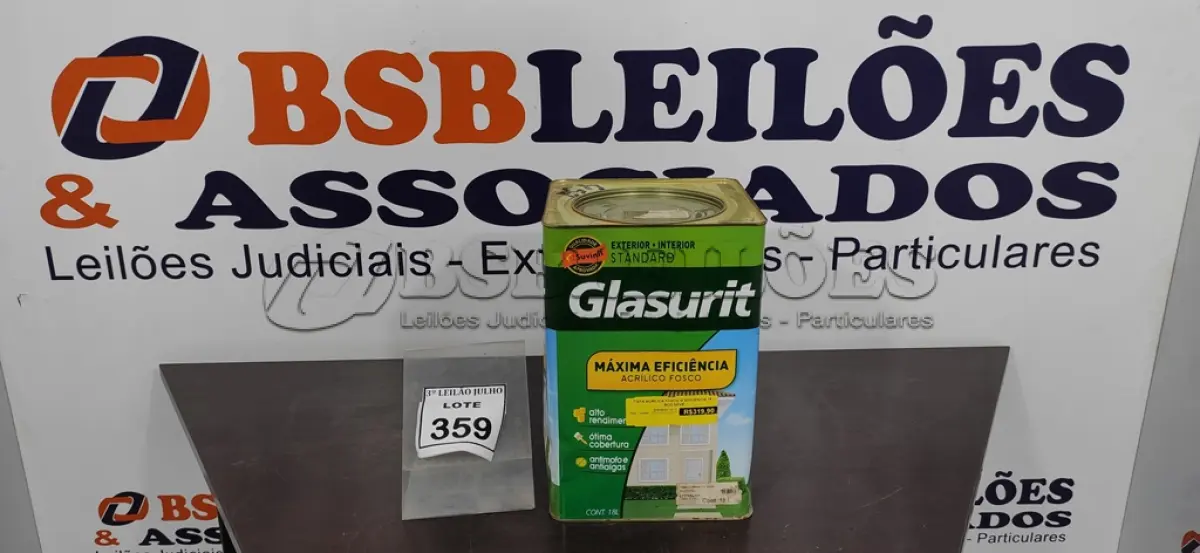 LOTE 359 - 01 LATA DE ACRÍLICO FOSCO 18L NA COR FOSCO BRANCO NEVE MARCA GLASURIT. (NO ESTADO) ATENÇÃO! FAZER A VISITAÇÃO ANTES DE ARREMATAR, NÃO SABEMOS SE FUNCIONA, LEILÃO NÃO TEM GARANTIA E NEM DEVOLUÇÃO, SUJEITO A POSSÍVEIS AVARIAS VISÍVEIS/OCULTAS E/OU AUSÊNCIA DE COMPONENTES.