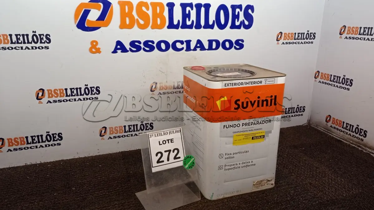 LOTE 272 - 01 LATA DE FUNDO PREPARADOR INTERIOR/EXTERIOR 18L MARCA SUVINIL. (NO ESTADO) ATENÇÃO! FAZER A VISITAÇÃO ANTES DE ARREMATAR, NÃO SABEMOS SE FUNCIONA, LEILÃO NÃO TEM GARANTIA E NEM DEVOLUÇÃO, SUJEITO A POSSÍVEIS AVARIAS VISÍVEIS/OCULTAS E/OU AUSÊNCIA DE COMPONENTES.