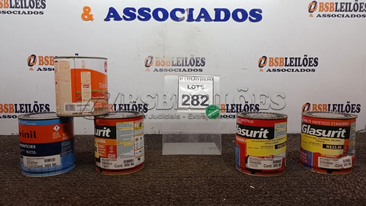 LOTE 282 - 05 LATAS DE ESMALTE SINTÉTICO DE 900ML CORES VARIADAS MARCA VARIADAS. (NO ESTADO) ATENÇÃO! FAZER A VISITAÇÃO ANTES DE ARREMATAR, NÃO SABEMOS SE FUNCIONA, LEILÃO NÃO TEM GARANTIA E NEM DEVOLUÇÃO, SUJEITO A POSSÍVEIS AVARIAS VISÍVEIS/OCULTAS E/OU AUSÊNCIA DE COMPONENTES.