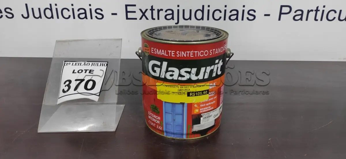 LOTE 498 - 01 LATA DE ESMALTE SINTÉTICO COM 3,6L NA COR BRILHANTE CAMURÇA MARCA GLASURIT. (NO ESTADO) ATENÇÃO! FAZER A VISITAÇÃO ANTES DE ARREMATAR, NÃO SABEMOS SE FUNCIONA, LEILÃO NÃO TEM GARANTIA E NEM DEVOLUÇÃO, SUJEITO A POSSÍVEIS AVARIAS VISÍVEIS/OCULTAS E/OU AUSÊNCIA DE COMPONENTES.