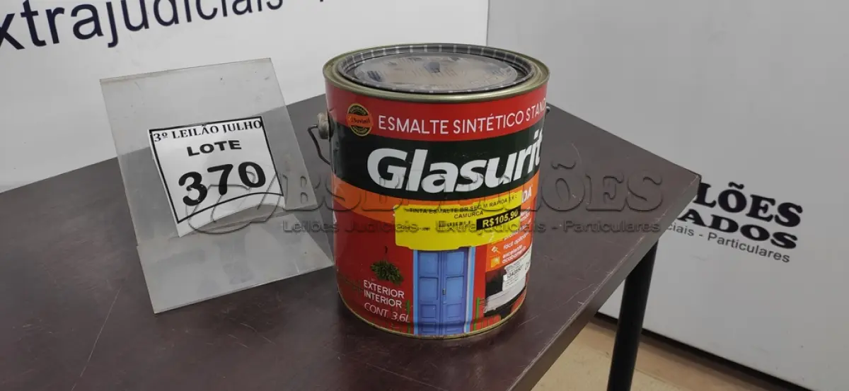 LOTE 498 - 01 LATA DE ESMALTE SINTÉTICO COM 3,6L NA COR BRILHANTE CAMURÇA MARCA GLASURIT. (NO ESTADO) ATENÇÃO! FAZER A VISITAÇÃO ANTES DE ARREMATAR, NÃO SABEMOS SE FUNCIONA, LEILÃO NÃO TEM GARANTIA E NEM DEVOLUÇÃO, SUJEITO A POSSÍVEIS AVARIAS VISÍVEIS/OCULTAS E/OU AUSÊNCIA DE COMPONENTES.