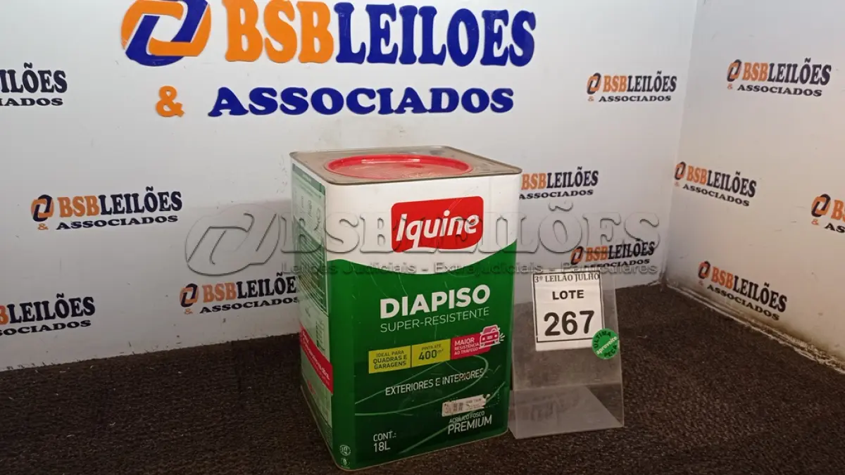 LOTE 267 - 01 LATA DE TINTA PARA PISOS DIAPISO 18L COR VERDE FOLHA MARCA IQUINE. (NO ESTADO) ATENÇÃO! FAZER A VISITAÇÃO ANTES DE ARREMATAR, NÃO SABEMOS SE FUNCIONA, LEILÃO NÃO TEM GARANTIA E NEM DEVOLUÇÃO, SUJEITO A POSSÍVEIS AVARIAS VISÍVEIS/OCULTAS E/OU AUSÊNCIA DE COMPONENTES.