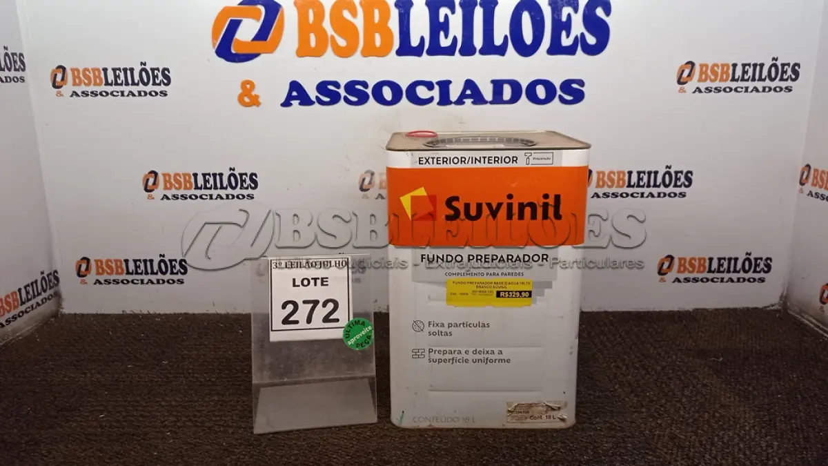 LOTE 272 - 01 LATA DE FUNDO PREPARADOR INTERIOR/EXTERIOR 18L MARCA SUVINIL. (NO ESTADO) ATENÇÃO! FAZER A VISITAÇÃO ANTES DE ARREMATAR, NÃO SABEMOS SE FUNCIONA, LEILÃO NÃO TEM GARANTIA E NEM DEVOLUÇÃO, SUJEITO A POSSÍVEIS AVARIAS VISÍVEIS/OCULTAS E/OU AUSÊNCIA DE COMPONENTES.