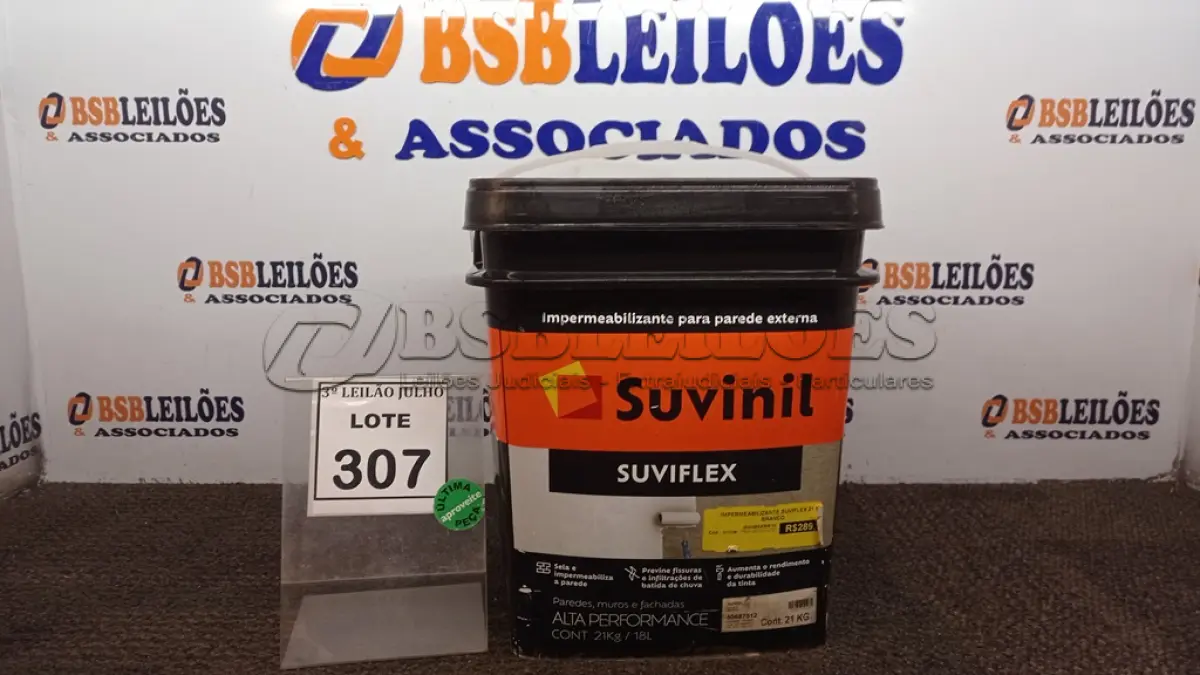 LOTE 307 - 01 BALDE DE IMPERMEABILIZANTE PARA PAREDE EXTERNA SUVIFLEX 18L. (NO ESTADO) ATENÇÃO! FAZER A VISITAÇÃO ANTES DE ARREMATAR, NÃO SABEMOS SE FUNCIONA, LEILÃO NÃO TEM GARANTIA E NEM DEVOLUÇÃO, SUJEITO A POSSÍVEIS AVARIAS VISÍVEIS/OCULTAS E/OU AUSÊNCIA DE COMPONENTES.
