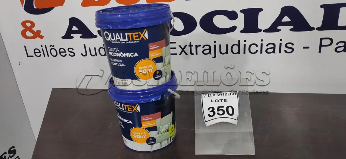 LOTE 494 - 02 TINTAS PARA INTERIORES COR AMARELO SOL 3,6L MARCA QUALITEX. (NO ESTADO) ATENÇÃO! FAZER A VISITAÇÃO ANTES DE ARREMATAR, NÃO SABEMOS SE FUNCIONA. LEILÃO NÃO TEM GARANTIA E NEM DEVOLUÇÃO, SUJEITO A POSSÍVEIS AVARIAS VISÍVEIS/OCULTAS E/OU AUSÊNCIA DE COMPONENTES.