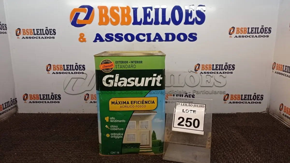 LOTE 250 - 01 LATA DE TINTA ACRÍLICA STANDARD DE 18L NA COR FOSCO GELO MARCA GLASURIT. (NO ESTADO) ATENÇÃO! FAZER A VISITAÇÃO ANTES DE ARREMATAR, NÃO SABEMOS SE FUNCIONA, LEILÃO NÃO TEM GARANTIA E NEM DEVOLUÇÃO, SUJEITO A POSSÍVEIS AVARIAS VISÍVEIS/OCULTAS E/OU AUSÊNCIA DE COMPONENTES.
