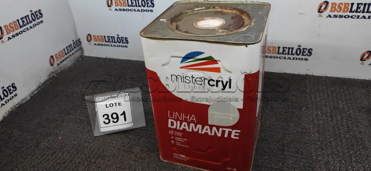 LOTE 391 - 01 LATA DE TINTA PISO 18L COR BRANCA MARCA MISTERCRYL. (NO ESTADO) ATENÇÃO! FAZER A VISITAÇÃO ANTES DE ARREMATAR, NÃO SABEMOS SE FUNCIONA. LEILÃO NÃO TEM GARANTIA E NEM DEVOLUÇÃO, SUJEITO A POSSÍVEIS AVARIAS VISÍVEIS/OCULTAS E/OU AUSÊNCIA DE COMPONENTES.