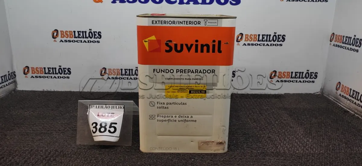 LOTE 385 - 01 LATA DE FUNDO PREPARADOR INTERIOR/EXTERIOR 18L MARCA SUVINIL. (NO ESTADO) ATENÇÃO! FAZER A VISITAÇÃO ANTES DE ARREMATAR, NÃO SABEMOS SE FUNCIONA, LEILÃO NÃO TEM GARANTIA E NEM DEVOLUÇÃO, SUJEITO A POSSÍVEIS AVARIAS VISÍVEIS/OCULTAS E/OU AUSÊNCIA DE COMPONENTES.
