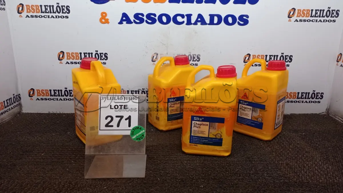 LOTE 271 - 04 GALÕES DE CHAPISCO PLUS DE 3,6LTS CADA MARCA SIKA. (NO ESTADO) ATENÇÃO! FAZER A VISITAÇÃO ANTES DE ARREMATAR, NÃO SABEMOS SE FUNCIONA, LEILÃO NÃO TEM GARANTIA E NEM DEVOLUÇÃO, SUJEITO A POSSÍVEIS AVARIAS VISÍVEIS/OCULTAS E/OU AUSÊNCIA DE COMPONENTES.