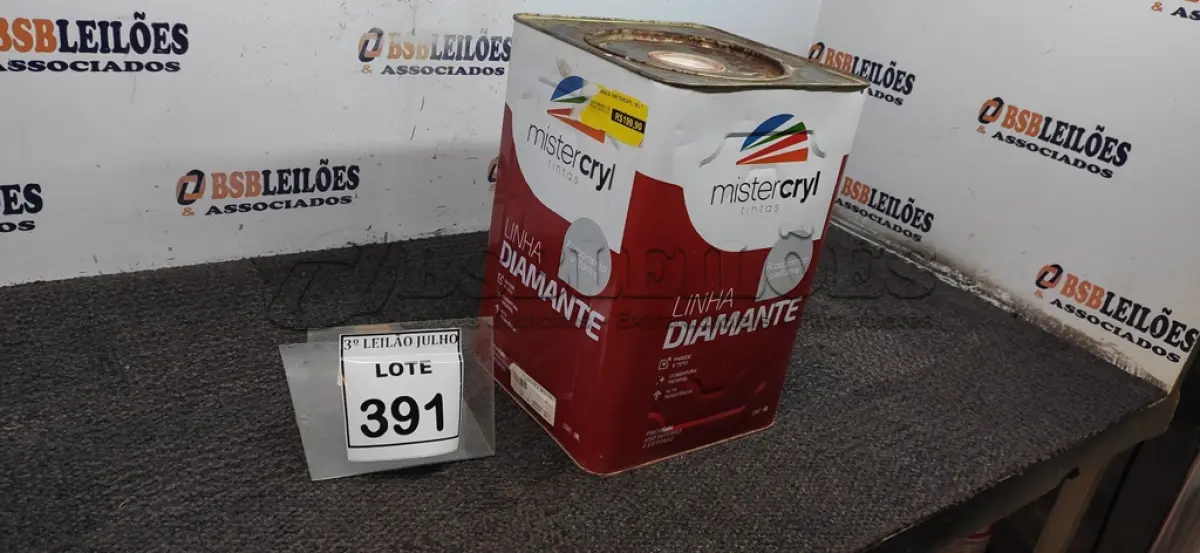 LOTE 391 - 01 LATA DE TINTA PISO 18L COR BRANCA MARCA MISTERCRYL. (NO ESTADO) ATENÇÃO! FAZER A VISITAÇÃO ANTES DE ARREMATAR, NÃO SABEMOS SE FUNCIONA. LEILÃO NÃO TEM GARANTIA E NEM DEVOLUÇÃO, SUJEITO A POSSÍVEIS AVARIAS VISÍVEIS/OCULTAS E/OU AUSÊNCIA DE COMPONENTES.