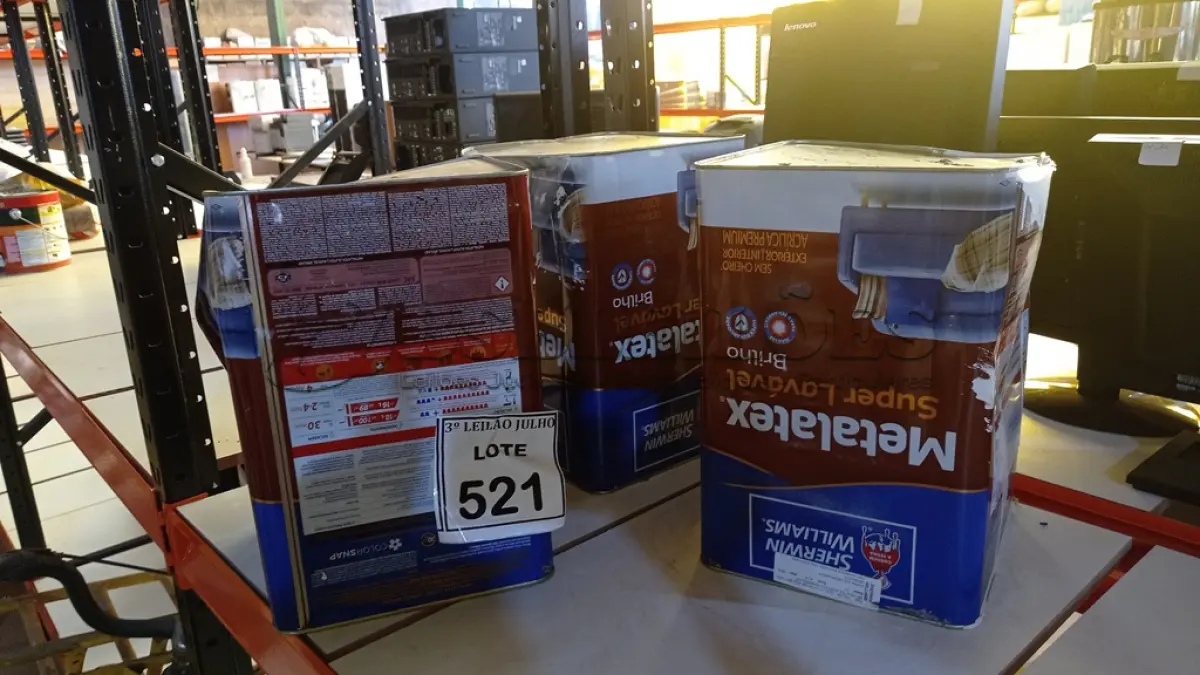 LOTE 521 - 03 LATAS DE TINTA ACRÍLICA METALATEX SHERWIN-WILLIAMS 16L NA COR PALHA. (NO ESTADO) ATENÇÃO! FAZER A VISITAÇÃO ANTES DE ARREMATAR, NÃO SABEMOS SE FUNCIONA, LEILÃO NÃO TEM GARANTIA E NEM DEVOLUÇÃO, SUJEITO A POSSÍVEIS AVARIAS VISÍVEIS/OCULTAS E/OU AUSÊNCIA DE COMPONENTES.