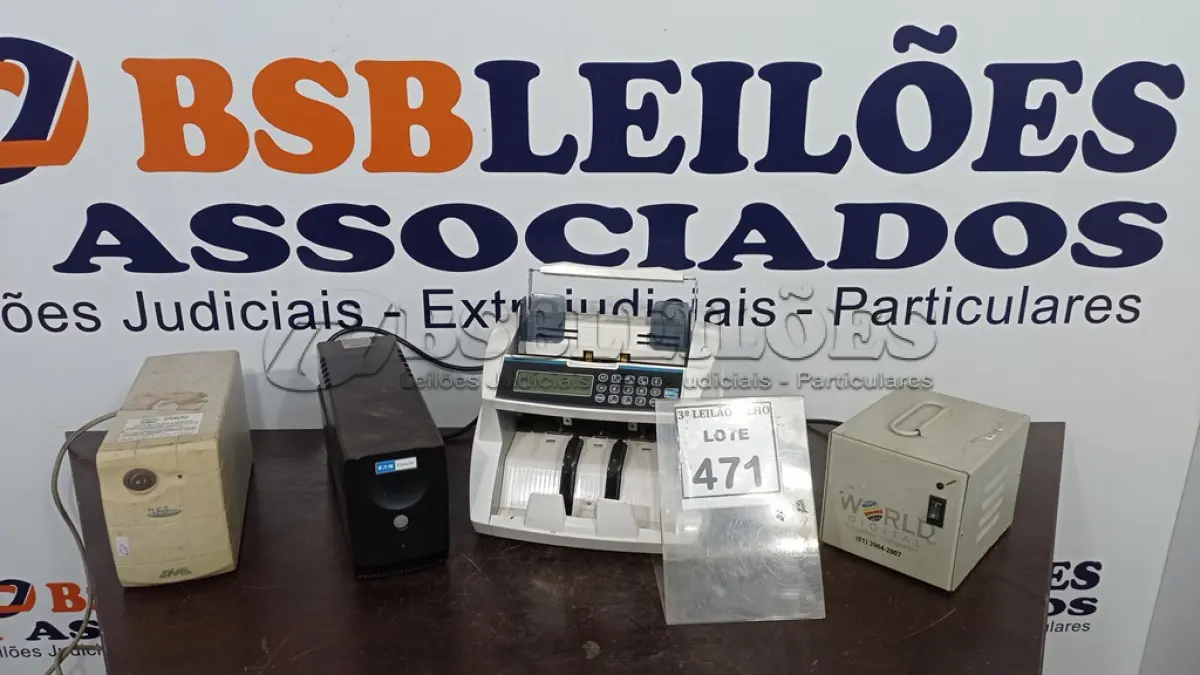 LOTE 471 - 01 MÁQUINA DE CONTAR CÉDULAS, 01 TRANSFORMADOR E 02 NOBREAKS. (NO ESTADO) ATENÇÃO! FAZER A VISITAÇÃO ANTES DE ARREMATAR, NÃO SABEMOS SE FUNCIONA, LEILÃO NÃO TEM GARANTIA E NEM DEVOLUÇÃO, SUJEITO A POSSÍVEIS AVARIAS VISÍVEIS/OCULTAS E/OU AUSÊNCIA DE COMPONENTES.