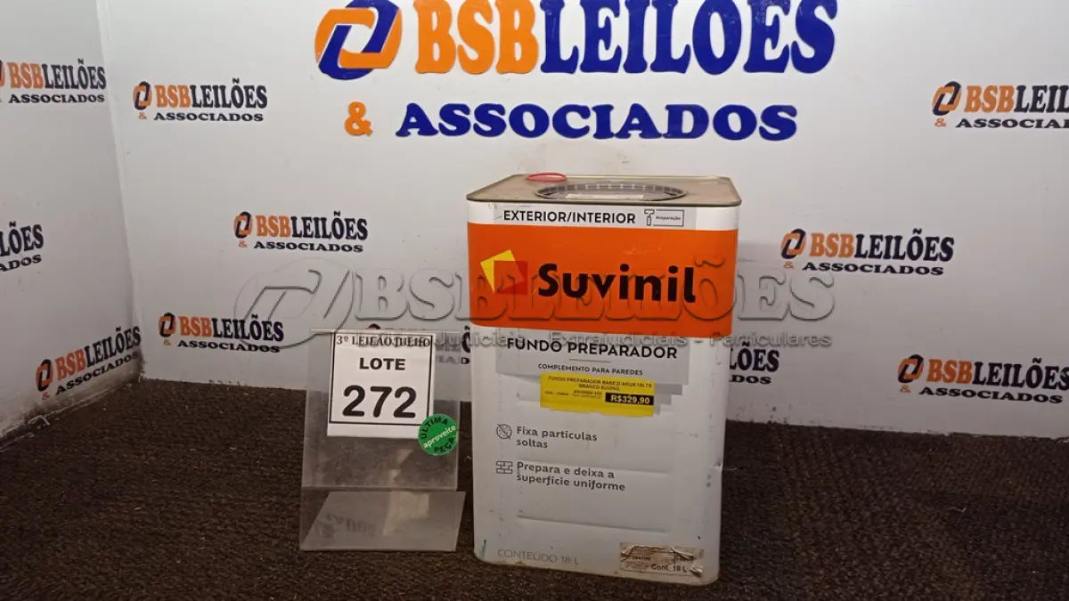 LOTE 272 - 01 LATA DE FUNDO PREPARADOR INTERIOR/EXTERIOR 18L MARCA SUVINIL. (NO ESTADO) ATENÇÃO! FAZER A VISITAÇÃO ANTES DE ARREMATAR, NÃO SABEMOS SE FUNCIONA, LEILÃO NÃO TEM GARANTIA E NEM DEVOLUÇÃO, SUJEITO A POSSÍVEIS AVARIAS VISÍVEIS/OCULTAS E/OU AUSÊNCIA DE COMPONENTES.