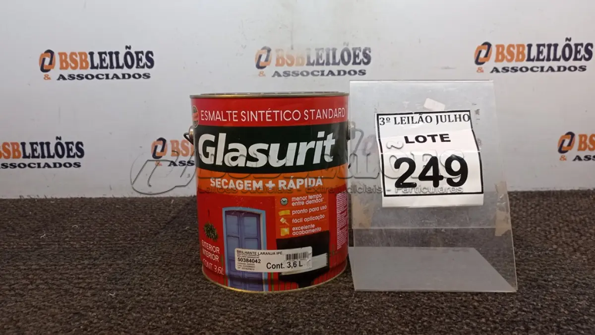 LOTE 249 - 01 LATA DE ESMALTE SINTÉTICO COM 3,6L NA COR BRILHANTE LARANJA IPÊ MARCA GLASURIT. (NO ESTADO) ATENÇÃO! FAZER A VISITAÇÃO ANTES DE ARREMATAR, NÃO SABEMOS SE FUNCIONA, LEILÃO NÃO TEM GARANTIA E NEM DEVOLUÇÃO, SUJEITO A POSSÍVEIS AVARIAS VISÍVEIS/OCULTAS E/OU AUSÊNCIA DE COMPONENTES.