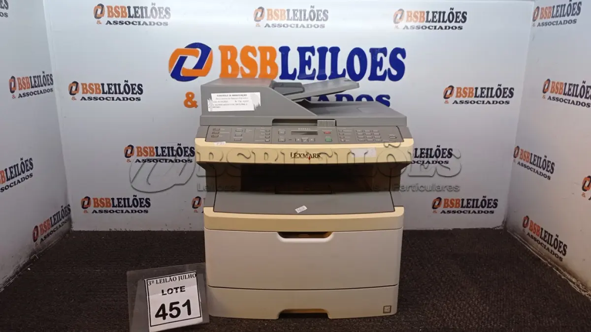LOTE 451 - 01 IMPRESSORA MODELO X364DN MARCA LEXMARK. (NO ESTADO) ATENÇÃO! FAZER A VISITAÇÃO ANTES DE ARREMATAR, NÃO SABEMOS SE FUNCIONA, LEILÃO NÃO TEM GARANTIA E NEM DEVOLUÇÃO, SUJEITO A POSSÍVEIS AVARIAS VISÍVEIS/OCULTAS E/OU AUSÊNCIA DE COMPONENTES.