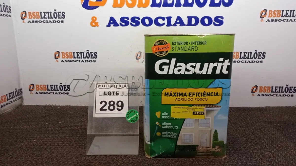 LOTE 289 - 01 LATA DE TINTA ACRÍLICA STANDARD DE 18L NA COR FOSCO BRANCO NEVE MARCA GLASURIT. (NO ESTADO) ATENÇÃO! FAZER A VISITAÇÃO ANTES DE ARREMATAR, NÃO SABEMOS SE FUNCIONA, LEILÃO NÃO TEM GARANTIA E NEM DEVOLUÇÃO, SUJEITO A POSSÍVEIS AVARIAS VISÍVEIS/OCULTAS E/OU AUSÊNCIA DE COMPONENTES.