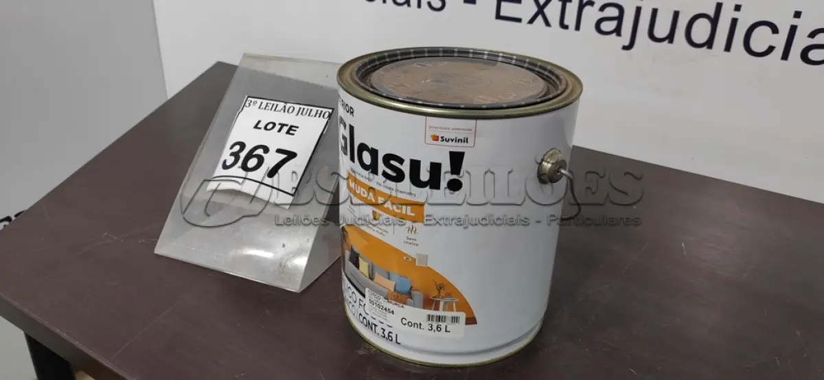 LOTE 367 - 01 LATA DE TINTA ACRÍLICO FOSCO 3,6L NA COR FOSCO CAMURÇA MARCA GLASU. (NO ESTADO) ATENÇÃO! FAZER A VISITAÇÃO ANTES DE ARREMATAR, NÃO SABEMOS SE FUNCIONA. LEILÃO NÃO TEM GARANTIA E NEM DEVOLUÇÃO, SUJEITO A POSSÍVEIS AVARIAS VISÍVEIS/OCULTAS E/OU AUSÊNCIA DE COMPONENTES.