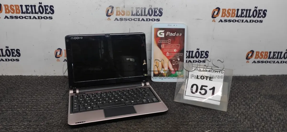 LOTE 051 - 01 TABLET MARCA LG E 01 NETBOOK MARCA MOOVE. (NO ESTADO) ATENÇÃO! FAZER A VISITAÇÃO ANTES DE ARREMATAR, NÃO SABEMOS SE FUNCIONA. LEILÃO NÃO TEM GARANTIA E NEM DEVOLUÇÃO, SUJEITO A POSSÍVEIS AVARIAS VISÍVEIS/OCULTAS E/OU AUSÊNCIA DE COMPONENTES.