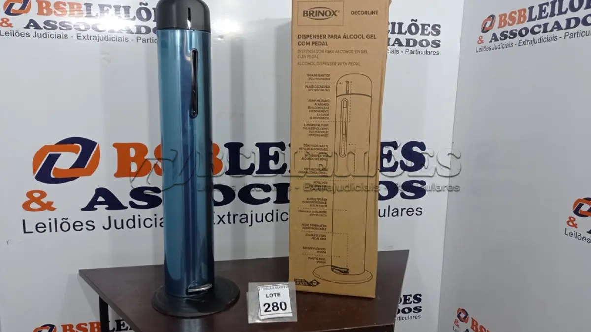LOTE 280 - 01 DISPENSER PARA ÁLCOOL EM GEL COM PEDAL EM INOX MARCA BRINOX (NOVO). (NO ESTADO) ATENÇÃO! FAZER A VISITAÇÃO ANTES DE ARREMATAR, NÃO SABEMOS SE FUNCIONA. LEILÃO NÃO TEM GARANTIA E NEM DEVOLUÇÃO, SUJEITO A POSSÍVEIS AVARIAS VISÍVEIS/OCULTAS E/OU AUSÊNCIA DE COMPONENTES.