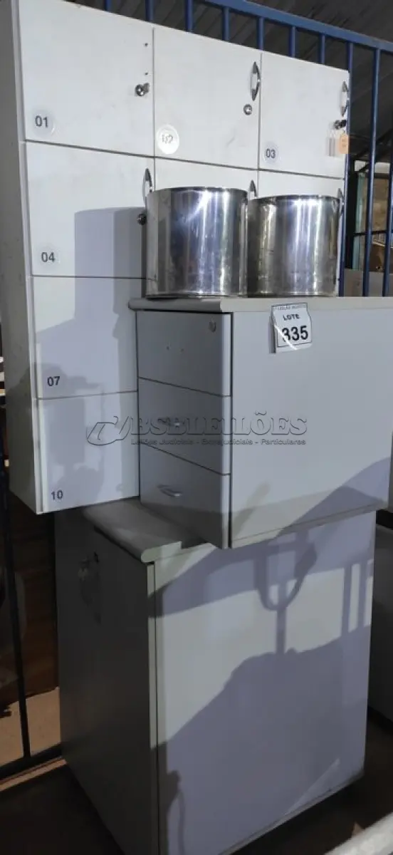 LOTE 335 - 01 ARMÁRIO COLMEIA, 01 ARMÁRIO BAIXO 02 PORTAS, 01 GAVETEIRO 03 GAVETAS E 02 LIXEIRAS INOX. (NO ESTADO) ATENÇÃO! FAZER A VISITAÇÃO ANTES DE ARREMATAR, NÃO SABEMOS SE FUNCIONA, LEILÃO NÃO TEM GARANTIA E NEM DEVOLUÇÃO, SUJEITO A POSSÍVEIS AVARIAS VISÍVEIS/OCULTAS E/OU AUSÊNCIA DE COMPONENTES.