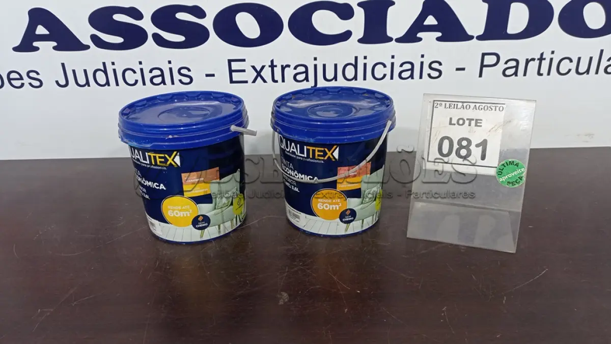 LOTE 081 - 02 TINTAS PARA INTERIORES COR AMARELO SOL E AREIA 3,6L MARCA QUALITEX. (NO ESTADO) ATENÇÃO! FAZER A VISITAÇÃO ANTES DE ARREMATAR, NÃO SABEMOS SE FUNCIONA. LEILÃO NÃO TEM GARANTIA E NEM DEVOLUÇÃO, SUJEITO A POSSÍVEIS AVARIAS VISÍVEIS/OCULTAS E/OU AUSÊNCIA DE COMPONENTES.