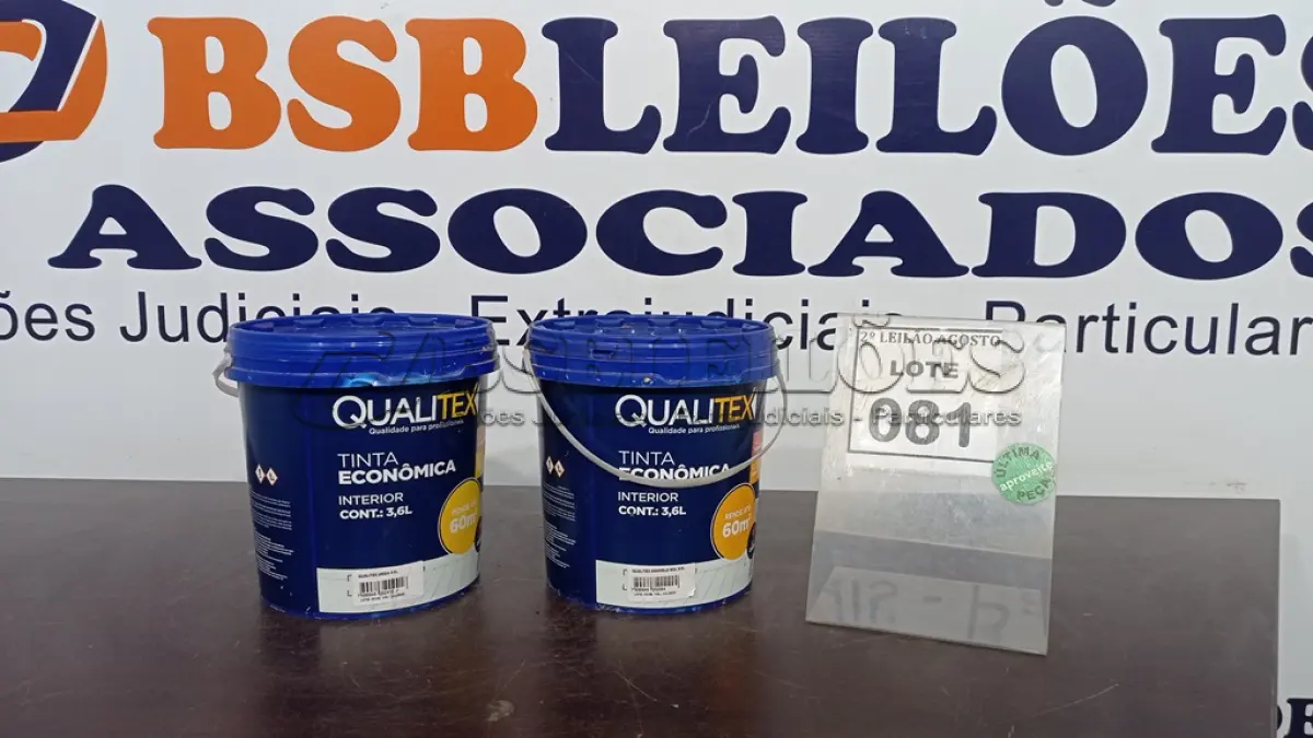 LOTE 081 - 02 TINTAS PARA INTERIORES COR AMARELO SOL E AREIA 3,6L MARCA QUALITEX. (NO ESTADO) ATENÇÃO! FAZER A VISITAÇÃO ANTES DE ARREMATAR, NÃO SABEMOS SE FUNCIONA. LEILÃO NÃO TEM GARANTIA E NEM DEVOLUÇÃO, SUJEITO A POSSÍVEIS AVARIAS VISÍVEIS/OCULTAS E/OU AUSÊNCIA DE COMPONENTES.
