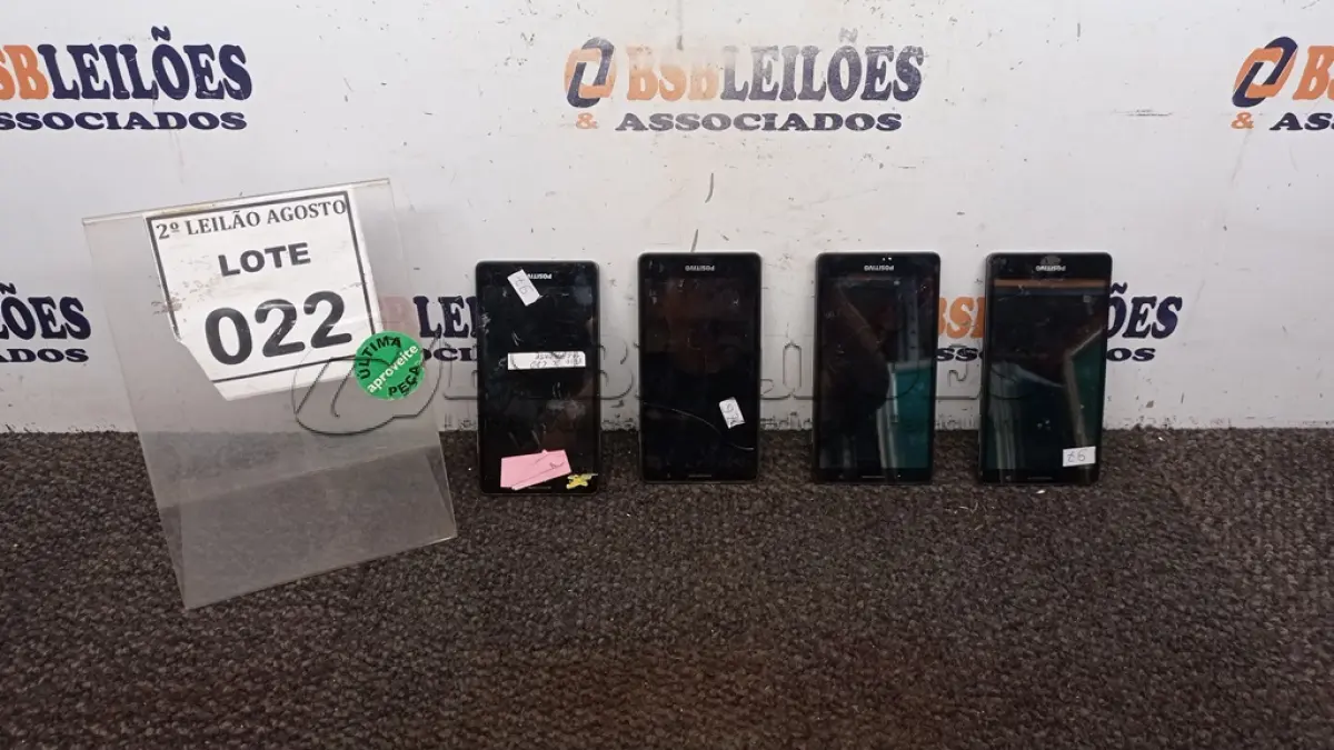 LOTE 022 - 04 SMARTPHONES MARCA POSITIVO. (NO ESTADO) ATENÇÃO! FAZER A VISITAÇÃO ANTES DE ARREMATAR, NÃO SABEMOS SE FUNCIONA, LEILÃO NÃO TEM GARANTIA E NEM DEVOLUÇÃO, SUJEITO A POSSÍVEIS AVARIAS VISÍVEIS/OCULTAS E/OU AUSÊNCIA DE COMPONENTES.