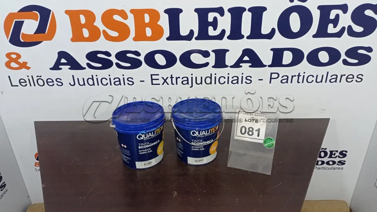 LOTE 081 - 02 TINTAS PARA INTERIORES COR AMARELO SOL E AREIA 3,6L MARCA QUALITEX. (NO ESTADO) ATENÇÃO! FAZER A VISITAÇÃO ANTES DE ARREMATAR, NÃO SABEMOS SE FUNCIONA. LEILÃO NÃO TEM GARANTIA E NEM DEVOLUÇÃO, SUJEITO A POSSÍVEIS AVARIAS VISÍVEIS/OCULTAS E/OU AUSÊNCIA DE COMPONENTES.