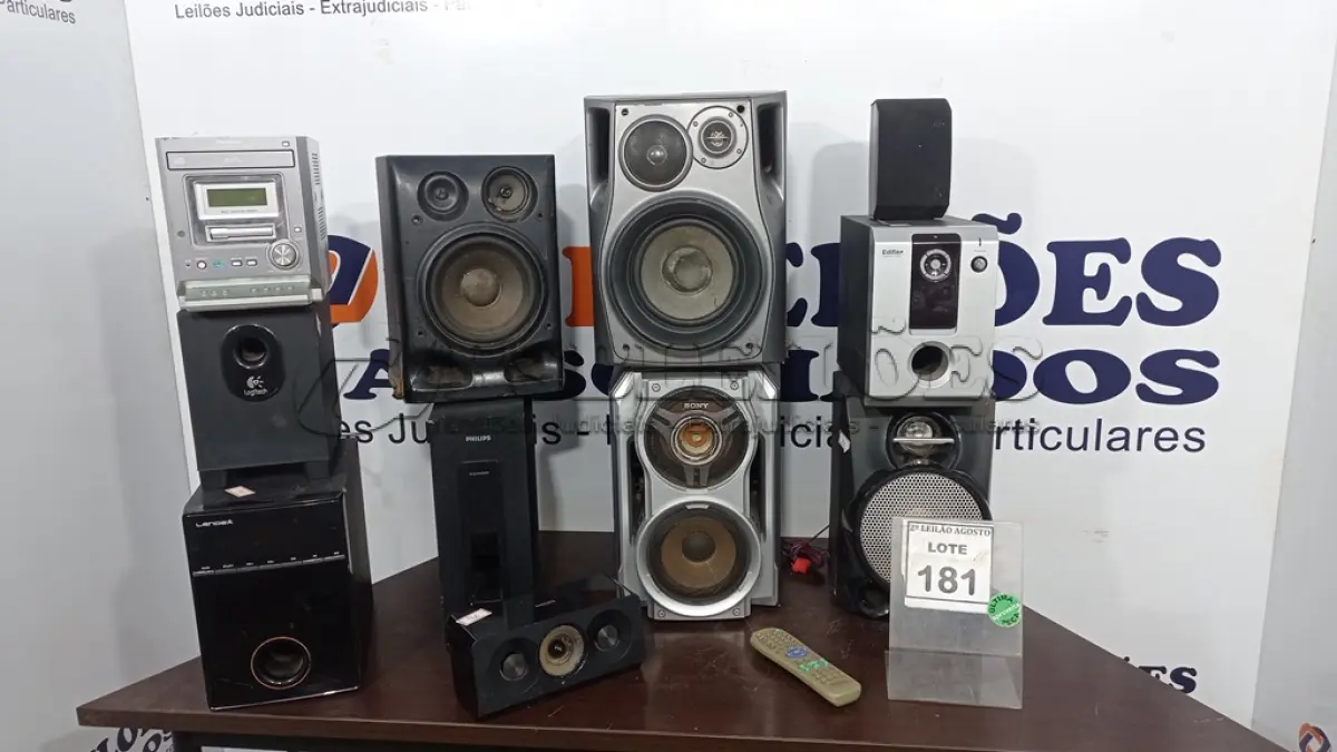 LOTE 181 - 01 SISTEMA DE SOM ESTÉREO MARCA PANASONIC, 01 SUBWOOFER MARCA EDIFIER COM 09 CAIXAS E CONTROLE. (NO ESTADO) ATENÇÃO! FAZER A VISITAÇÃO ANTES DE ARREMATAR, NÃO SABEMOS SE FUNCIONA. LEILÃO NÃO TEM GARANTIA E NEM DEVOLUÇÃO, SUJEITO A POSSÍVEIS AVARIAS VISÍVEIS/OCULTAS E/OU AUSÊNCIA DE COMPONENTES.