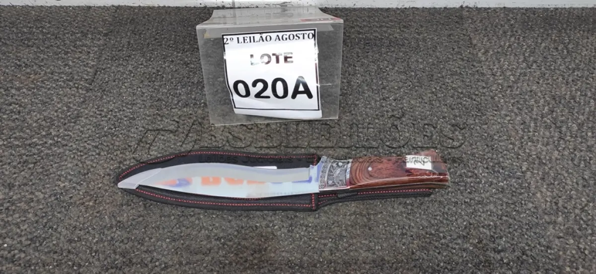 LOTE 020 - 01 FACA IMPORTADA AÇO INOXIDÁVEL CABO EM MADEIRA COM DETALHE DE ESCORPIÃO NA GUARDA  FULL TANG BAINHA DE NYLON TAMANHO TOTAL 32CM PESO 390G JÁ AFIADA  .(NO ESTADO) ATENÇÃO! FAZER A VISITAÇÃO ANTES DE ARREMATAR, NÃO SABEMOS SE FUNCIONA. LEILÃO NÃO TEM GARANTIA E NEM DEVOLUÇÃO, SUJEITO A POSSÍVEIS AVARIAS VISÍVEIS/OCULTAS E/OU AUSÊNCIA DE COMPONENTES.