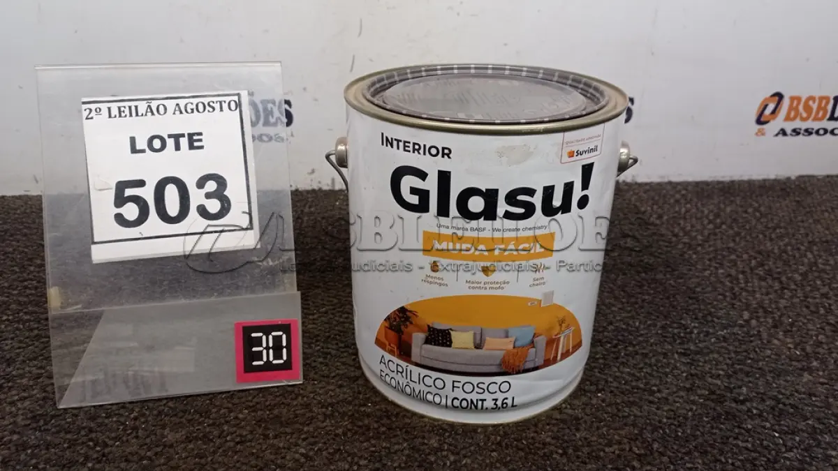 LOTE 503 - 01 LATA DE TINTA ACRÍLICO FOSCO 3,6L NA COR FOSCO CAMURÇA MARCA GLASU. (NO ESTADO) ATENÇÃO! FAZER A VISITAÇÃO ANTES DE ARREMATAR, NÃO SABEMOS SE FUNCIONA. LEILÃO NÃO TEM GARANTIA E NEM DEVOLUÇÃO, SUJEITO A POSSÍVEIS AVARIAS VISÍVEIS/OCULTAS E/OU AUSÊNCIA DE COMPONENTES.