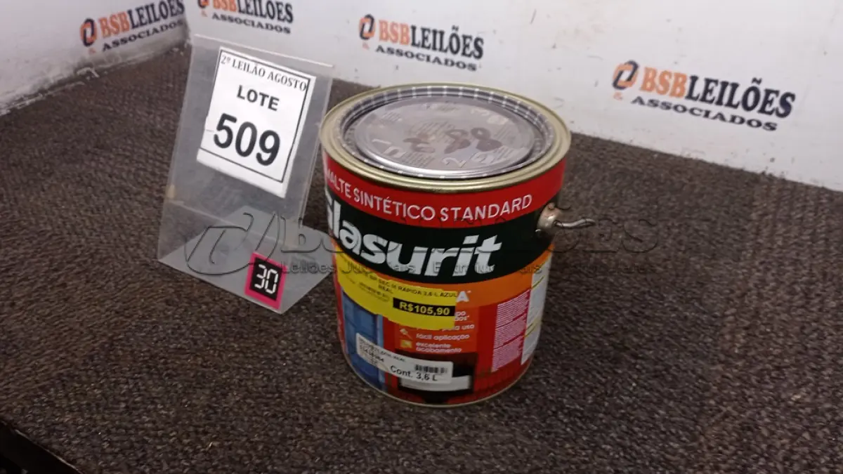 LOTE 509 - 01 LATA DE ESMALTE SINTÉTICO COM 3,6L NA COR BRILHANTE AZUL REAL MARCA GLASURIT. (NO ESTADO) ATENÇÃO! FAZER A VISITAÇÃO ANTES DE ARREMATAR, NÃO SABEMOS SE FUNCIONA, LEILÃO NÃO TEM GARANTIA E NEM DEVOLUÇÃO, SUJEITO A POSSÍVEIS AVARIAS VISÍVEIS/OCULTAS E/OU AUSÊNCIA DE COMPONENTES.
