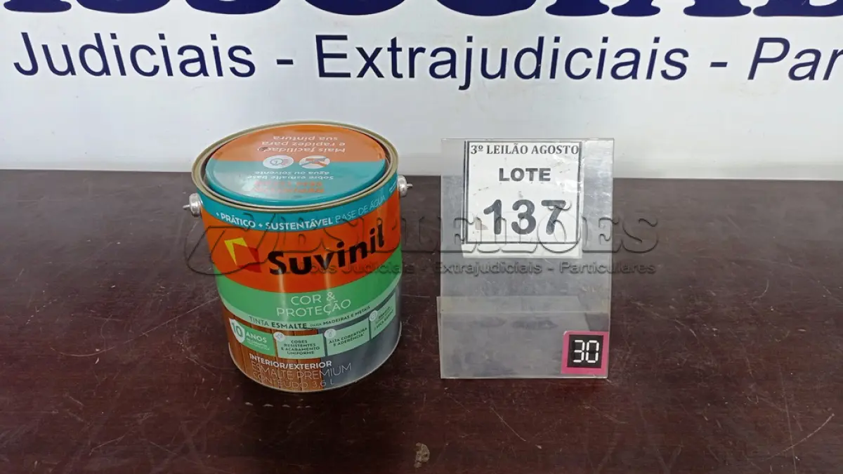 LOTE 137 - 01 LATA DE TINTA ESMALTE DE 3,6L NA COR BRILHANTE TABACO MARCA SUVINIL. (NO ESTADO) ATENÇÃO! FAZER A VISITAÇÃO ANTES DE ARREMATAR, NÃO SABEMOS SE FUNCIONA. LEILÃO NÃO TEM GARANTIA E NEM DEVOLUÇÃO, SUJEITO A POSSÍVEIS AVARIAS VISÍVEIS/OCULTAS E/OU AUSÊNCIA DE COMPONENTES.