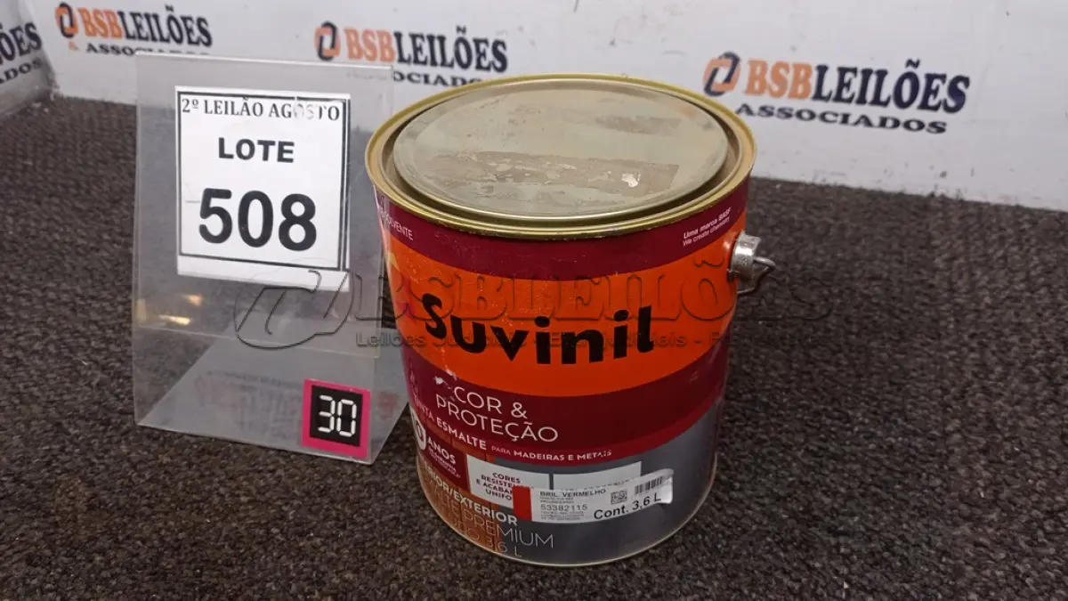 LOTE 508 - 01 LATA DE TINTA MARCA SUVINIL ESMALTE BRILHANTE NA COR VERMELHO 3.6L. (NOVO) (NO ESTADO) ATENÇÃO! FAZER A VISITAÇÃO ANTES DE ARREMATAR, NÃO SABEMOS SE FUNCIONA. LEILÃO NÃO TEM GARANTIA E NEM DEVOLUÇÃO, SUJEITO A POSSÍVEIS AVARIAS VISÍVEIS/OCULTAS E/OU AUSÊNCIA DE COMPONENTES.
