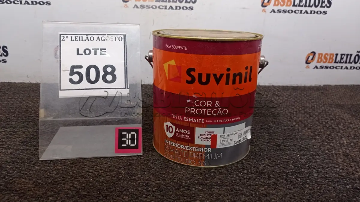 LOTE 508 - 01 LATA DE TINTA MARCA SUVINIL ESMALTE BRILHANTE NA COR VERMELHO 3.6L. (NOVO) (NO ESTADO) ATENÇÃO! FAZER A VISITAÇÃO ANTES DE ARREMATAR, NÃO SABEMOS SE FUNCIONA. LEILÃO NÃO TEM GARANTIA E NEM DEVOLUÇÃO, SUJEITO A POSSÍVEIS AVARIAS VISÍVEIS/OCULTAS E/OU AUSÊNCIA DE COMPONENTES.