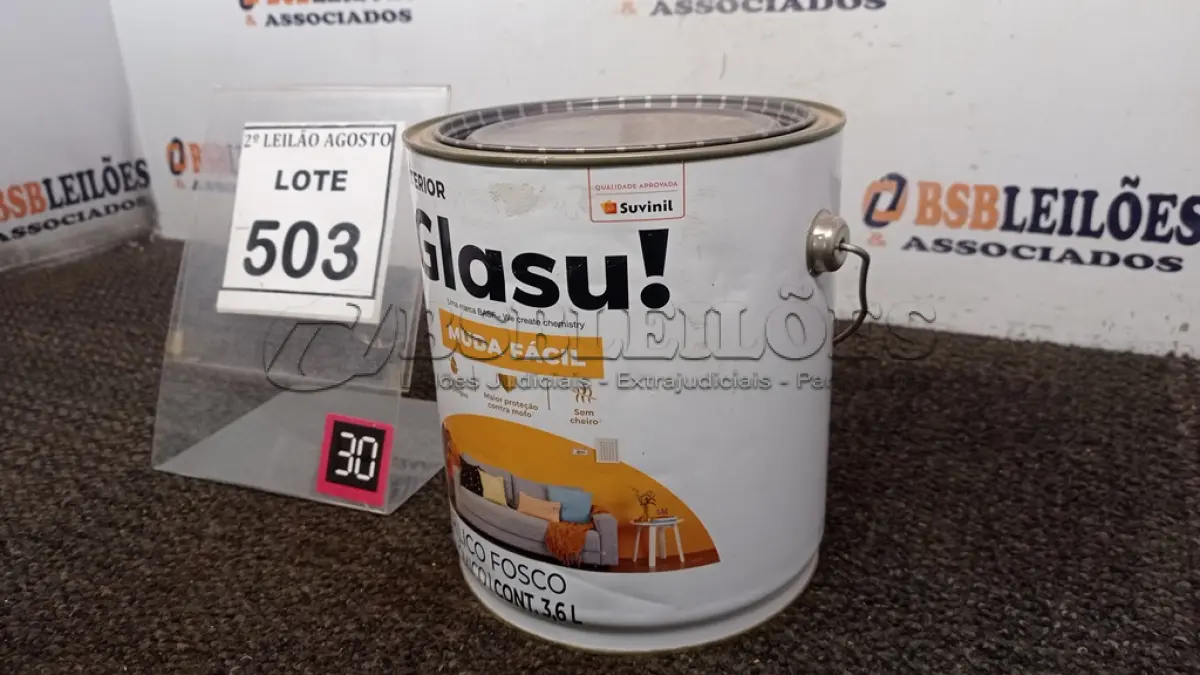 LOTE 503 - 01 LATA DE TINTA ACRÍLICO FOSCO 3,6L NA COR FOSCO CAMURÇA MARCA GLASU. (NO ESTADO) ATENÇÃO! FAZER A VISITAÇÃO ANTES DE ARREMATAR, NÃO SABEMOS SE FUNCIONA. LEILÃO NÃO TEM GARANTIA E NEM DEVOLUÇÃO, SUJEITO A POSSÍVEIS AVARIAS VISÍVEIS/OCULTAS E/OU AUSÊNCIA DE COMPONENTES.