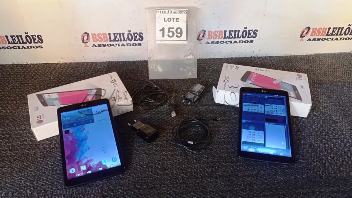 LOTE 159 - 02 TABLETS GPAD 4G MARCA LG. (NO ESTADO) ATENÇÃO! FAZER A VISITAÇÃO ANTES DE ARREMATAR, NÃO SABEMOS SE FUNCIONA, LEILÃO NÃO TEM GARANTIA E NEM DEVOLUÇÃO, SUJEITO A POSSÍVEIS AVARIAS VISÍVEIS/OCULTAS E/OU AUSÊNCIA DE COMPONENTES.