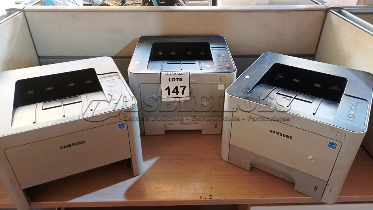 LOTE 147 - 03 IMPRESSORAS MARCA SAMSUNG. (NO ESTADO) ATENÇÃO! FAZER A VISITAÇÃO ANTES DE ARREMATAR, NÃO SABEMOS SE FUNCIONA, LEILÃO NÃO TEM GARANTIA E NEM DEVOLUÇÃO, SUJEITO A POSSÍVEIS AVARIAS VISÍVEIS/OCULTAS E/OU AUSÊNCIA DE COMPONENTES.
