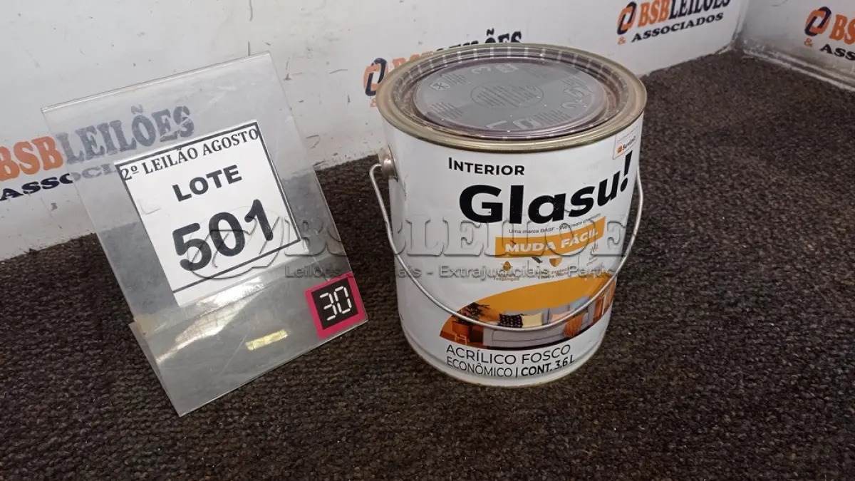 LOTE 501 - 01 LATA DE TINTA ACRÍLICO FOSCO 3,6L NA COR FOSCO CAMURÇA MARCA GLASU. (NO ESTADO) ATENÇÃO! FAZER A VISITAÇÃO ANTES DE ARREMATAR, NÃO SABEMOS SE FUNCIONA. LEILÃO NÃO TEM GARANTIA E NEM DEVOLUÇÃO, SUJEITO A POSSÍVEIS AVARIAS VISÍVEIS/OCULTAS E/OU AUSÊNCIA DE COMPONENTES.