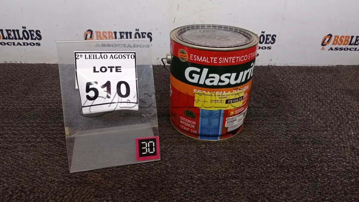 LOTE 510 - 01 LATA DE ESMALTE SINTÉTICO COM 3,6L NA COR BRILHANTE AZUL FRANÇA MARCA GLASURIT. (NO ESTADO) ATENÇÃO! FAZER A VISITAÇÃO ANTES DE ARREMATAR, NÃO SABEMOS SE FUNCIONA, LEILÃO NÃO TEM GARANTIA E NEM DEVOLUÇÃO, SUJEITO A POSSÍVEIS AVARIAS VISÍVEIS/OCULTAS E/OU AUSÊNCIA DE COMPONENTES.