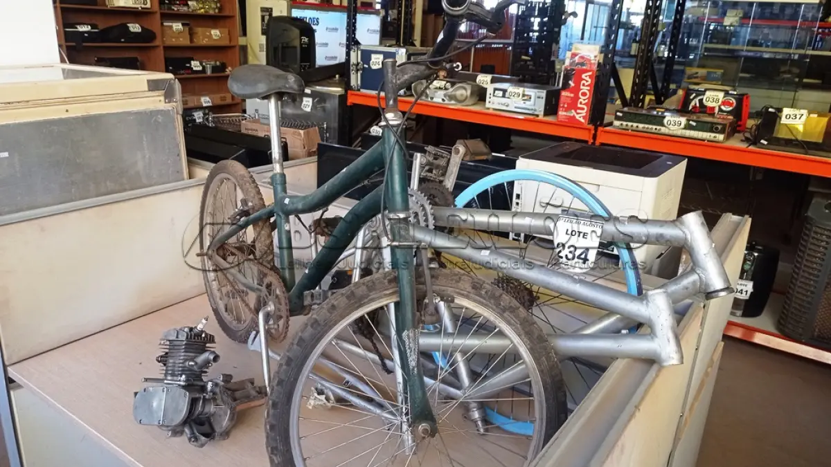 LOTE 234 - 02 QUADROS DE ALUMÍNIO, 01 MOTOR PARA BIKE INCOMPLETO E 01 BIKE INFANTIL. (NO ESTADO) ATENÇÃO! FAZER A VISITAÇÃO ANTES DE ARREMATAR, NÃO SABEMOS SE FUNCIONA, LEILÃO NÃO TEM GARANTIA E NEM DEVOLUÇÃO, SUJEITO A POSSÍVEIS AVARIAS VISÍVEIS/OCULTAS E/OU AUSÊNCIA DE COMPONENTES.