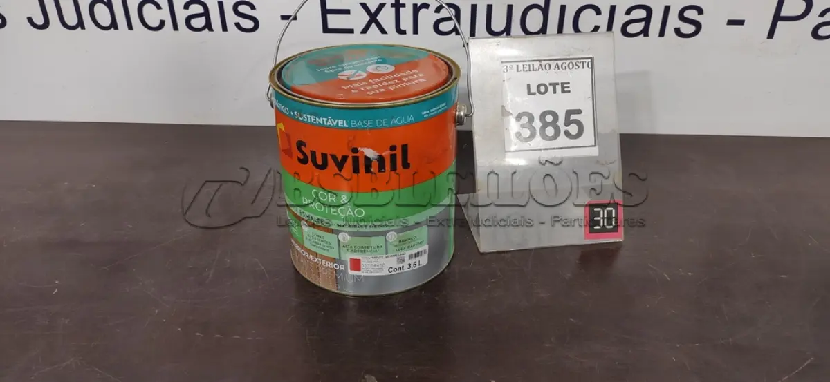 LOTE 385 - 01 LATA DE TINTA SUVINIL ESMALTE PREMIUM INTERIOR/EXTERIOR 3,6L NA COR VERMELHO BRILHANTE. (NO ESTADO) ATENÇÃO! FAZER A VISITAÇÃO ANTES DE ARREMATAR, NÃO SABEMOS SE FUNCIONA. LEILÃO NÃO TEM GARANTIA E NEM DEVOLUÇÃO, SUJEITO A POSSÍVEIS AVARIAS VISÍVEIS/OCULTAS E/OU AUSÊNCIA DE COMPONENTES.