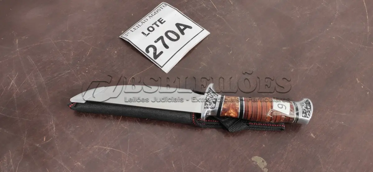 LOTE 270 - 01 FACA IMPORTADA 29CM GUARDA E POMO EM ALUMÍNIO BAINHA DE NYLON. (NO ESTADO) ATENÇÃO! FAZER A VISITAÇÃO ANTES DE ARREMATAR, NÃO SABEMOS SE FUNCIONA. LEILÃO NÃO TEM GARANTIA E NEM DEVOLUÇÃO, SUJEITO A POSSÍVEIS AVARIAS VISÍVEIS/OCULTAS E/OU AUSÊNCIA DE COMPONENTES.