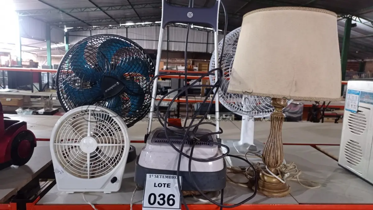 LOTE 036 - 03 VENTILADORES MARCAS E MODELOS DIVERSOS, 01 ABAJUR E 01 ENCERADEIRA MARCA ELECTROLUX. (NO ESTADO) ATENÇÃO! FAZER A VISITAÇÃO ANTES DE ARREMATAR, NÃO SABEMOS SE FUNCIONA, LEILÃO NÃO TEM GARANTIA E NEM DEVOLUÇÃO, SUJEITO A POSSÍVEIS AVARIAS VISÍVEIS/OCULTAS E/OU AUSÊNCIA DE COMPONENTES.