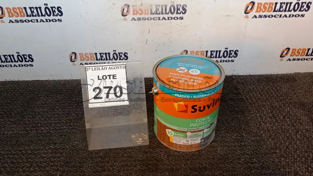 LOTE 270 - 01 LATA DE TINTA ESMALTE COR BRILHANTE AMARELO OUTRO 3,6L MARCA SUVINIL. (NO ESTADO) ATENÇÃO! FAZER A VISITAÇÃO ANTES DE ARREMATAR, NÃO SABEMOS SE FUNCIONA, LEILÃO NÃO TEM GARANTIA E NEM DEVOLUÇÃO, SUJEITO A POSSÍVEIS AVARIAS VISÍVEIS/OCULTAS E/OU AUSÊNCIA DE COMPONENTES.
