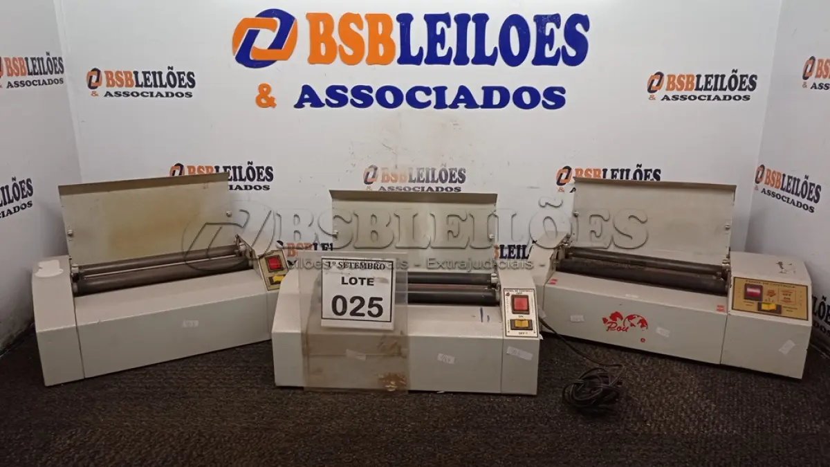 LOTE 025 - 03 PLASTIFICADORAS. (NO ESTADO) ATENÇÃO! FAZER A VISITAÇÃO ANTES DE ARREMATAR, NÃO SABEMOS SE FUNCIONA, LEILÃO NÃO TEM GARANTIA E NEM DEVOLUÇÃO, SUJEITO A POSSÍVEIS AVARIAS VISÍVEIS/OCULTAS E/OU AUSÊNCIA DE COMPONENTES.