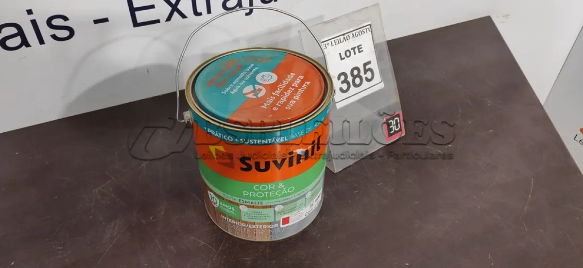 LOTE 385 - 01 LATA DE TINTA SUVINIL ESMALTE PREMIUM INTERIOR/EXTERIOR 3,6L NA COR VERMELHO BRILHANTE. (NO ESTADO) ATENÇÃO! FAZER A VISITAÇÃO ANTES DE ARREMATAR, NÃO SABEMOS SE FUNCIONA. LEILÃO NÃO TEM GARANTIA E NEM DEVOLUÇÃO, SUJEITO A POSSÍVEIS AVARIAS VISÍVEIS/OCULTAS E/OU AUSÊNCIA DE COMPONENTES.