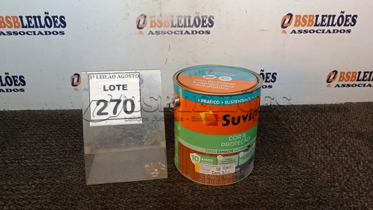LOTE 270 - 01 LATA DE TINTA ESMALTE COR BRILHANTE AMARELO OUTRO 3,6L MARCA SUVINIL. (NO ESTADO) ATENÇÃO! FAZER A VISITAÇÃO ANTES DE ARREMATAR, NÃO SABEMOS SE FUNCIONA, LEILÃO NÃO TEM GARANTIA E NEM DEVOLUÇÃO, SUJEITO A POSSÍVEIS AVARIAS VISÍVEIS/OCULTAS E/OU AUSÊNCIA DE COMPONENTES.