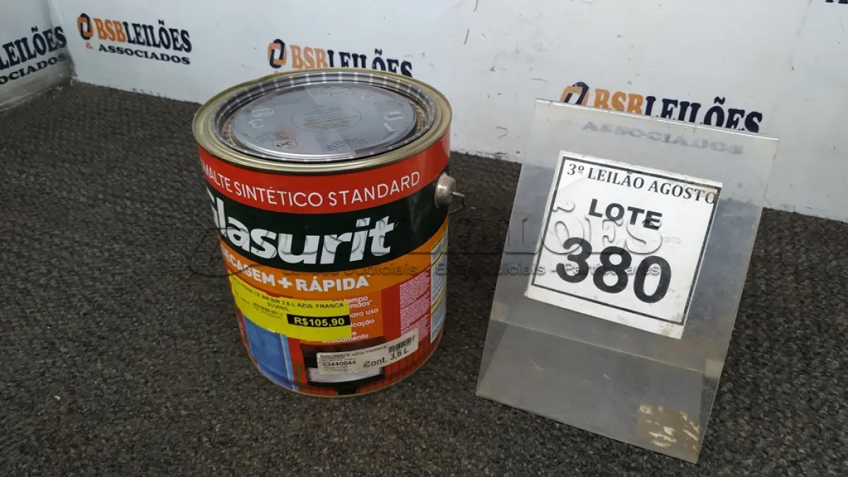 LOTE 380 - 01 LATA DE ESMALTE SINTÉTICO COM 3,6L NA COR BRILHANTE AZUL FRANÇA MARCA GLASURIT. (NO ESTADO) ATENÇÃO! FAZER A VISITAÇÃO ANTES DE ARREMATAR, NÃO SABEMOS SE FUNCIONA, LEILÃO NÃO TEM GARANTIA E NEM DEVOLUÇÃO, SUJEITO A POSSÍVEIS AVARIAS VISÍVEIS/OCULTAS E/OU AUSÊNCIA DE COMPONENTES.