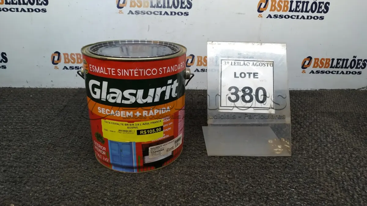 LOTE 380 - 01 LATA DE ESMALTE SINTÉTICO COM 3,6L NA COR BRILHANTE AZUL FRANÇA MARCA GLASURIT. (NO ESTADO) ATENÇÃO! FAZER A VISITAÇÃO ANTES DE ARREMATAR, NÃO SABEMOS SE FUNCIONA, LEILÃO NÃO TEM GARANTIA E NEM DEVOLUÇÃO, SUJEITO A POSSÍVEIS AVARIAS VISÍVEIS/OCULTAS E/OU AUSÊNCIA DE COMPONENTES.